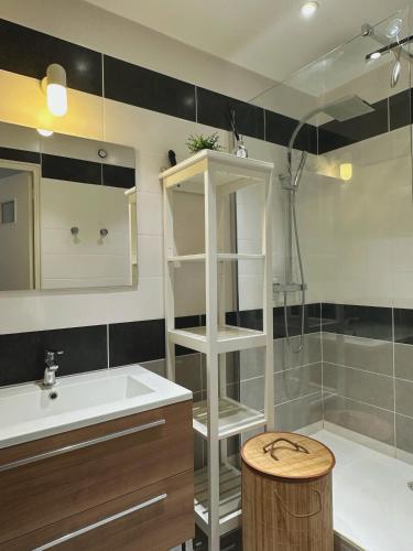une salle de bain avec un lavabo et une douche dans l'établissement Charmant T2 - vue imprenable sur Marseille, à Marseille