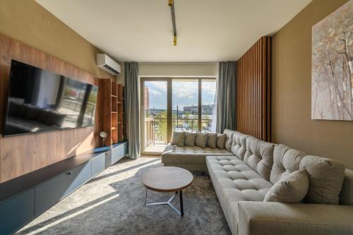 sala de estar con sofá y TV en Belgrade Waterfront Residences - Beograd na vodi, en Belgrado