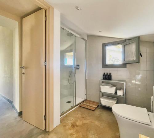 a bathroom with a glass shower and a toilet at La Casa da Pipa in Cesuras