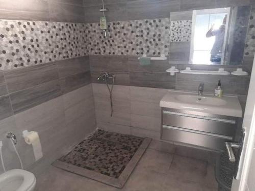 uma casa de banho com um lavatório, um WC e um espelho. em Villa piscine Djerba Tezdaine em Al Ḩaddādah