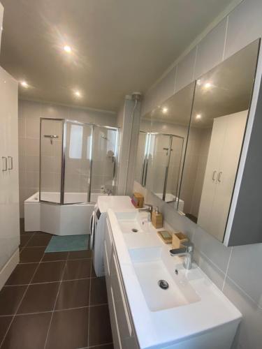 une salle de bain avec deux lavabos et un grand miroir dans l'établissement Appartement familiale de 75m2 en plein cœur de paris, à Paris