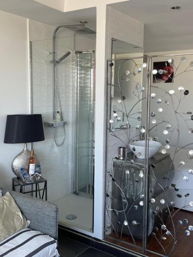 une salle de bain avec une douche avec une porte vitrée dans l'établissement Studio Haut de Gamme : Sunshine, au Cap d'Agde