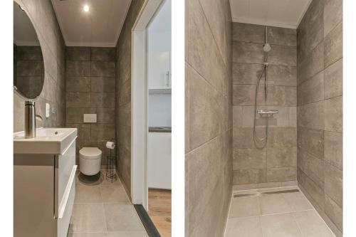 twee foto's van een badkamer met een wastafel en een douche bij Hello Zeeland - Appartement Molstraat 23 in Middelburg