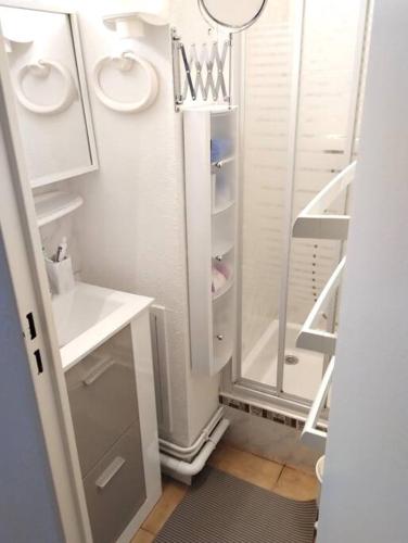 une salle de bain blanche avec une douche et un lavabo dans l'établissement Appartement avec terrasse, à Quiberon