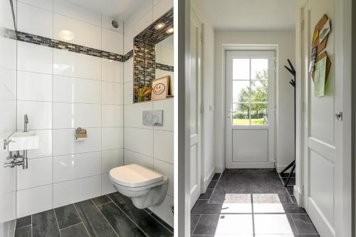 twee afbeeldingen van een badkamer met een toilet en een deur bij Het Kleine Huis at Buitenplaats Zeeuwse Liefde in Westkapelle