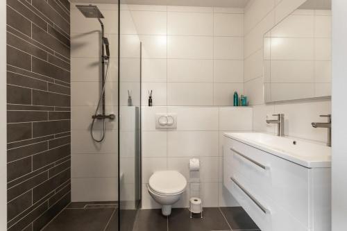 a bathroom with a shower and a toilet and a sink at Hello Zeeland - Spaanse Galeien 35 in Retranchement