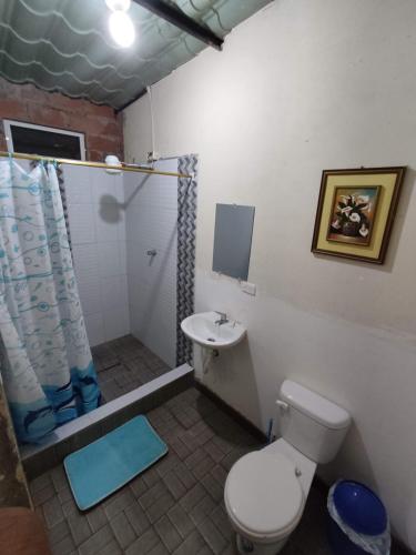 ein Bad mit einem WC und einem Waschbecken in der Unterkunft Cabañas Horeb in Tena