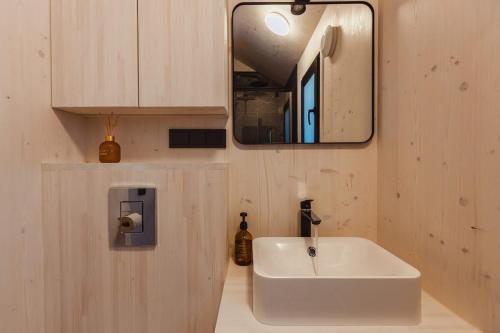 ein Badezimmer mit einem weißen Waschbecken und einem Spiegel in der Unterkunft Hello Zeeland - Vakantiehuis Kerkstraat 1A in Domburg