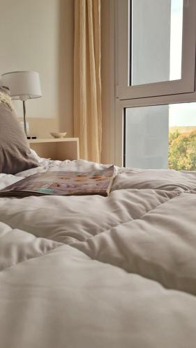 a white bed with a window in a bedroom at Cala in Olavarría