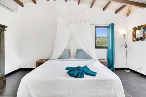 um quarto com uma cama de dossel branca em Villa Kromboon with an amazing sea view em Kralendijk
