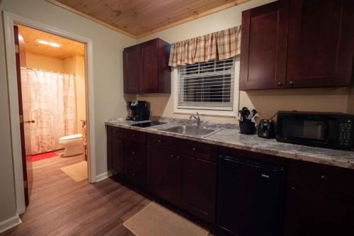a kitchen with a sink and a microwave at The Snowshoe Lodge in Lake Placid