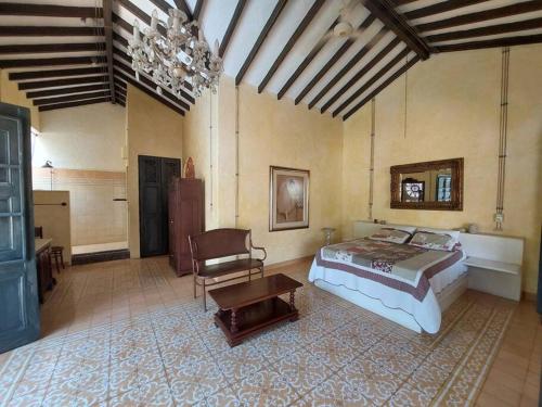 a bedroom with a bed and a chair and a table at Casa en Cauca Viejo con piscina, Jacuzzi y turco in Jericó