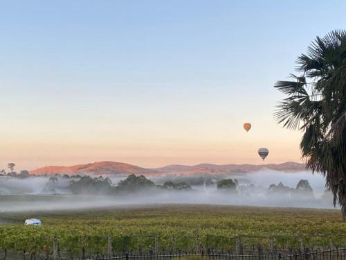a group of hot air balloons flying over a field at Mount Hope Estate Vineyard in Dixons Creek
