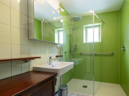 ein Bad mit einem Waschbecken und einer Dusche in der Unterkunft Chalet Stitzgassl in Hopfgarten im Brixental