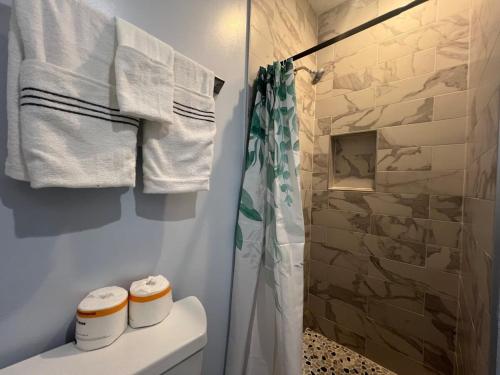 La salle de bains est pourvue d'une douche, de toilettes et de serviettes. dans l'établissement Ultimate Regal 9B Retreat on King St-Walk to metro, à Alexandria