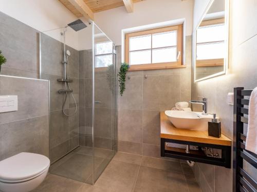 e bagno con doccia, servizi igienici e lavandino. di Alpenjoy Lodge a Donnersbachwald