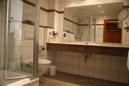 a bathroom with a toilet and a shower and a mirror at Hotel-Restaurant Fasanerie in Marburg an der Lahn