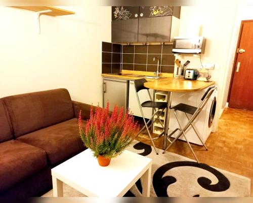 un salon avec un canapé et une table et une cuisine dans l'établissement Le Napoleon Paris Invalides Chambre Independante, à Paris