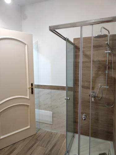 W łazience znajduje się prysznic ze szklanymi drzwiami. w obiekcie Casa Giannina w mieście Palermo