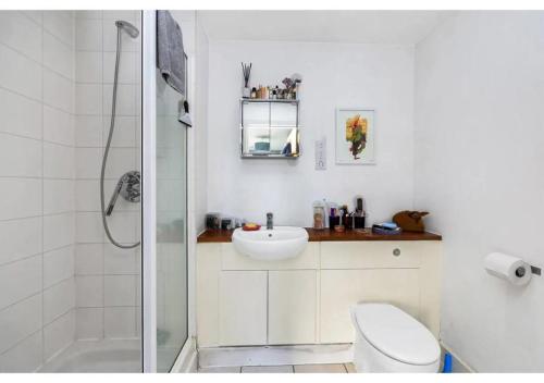 a bathroom with a toilet and a sink and a shower at 2BR Flat at Meath Crescent in London