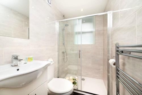 e bagno con doccia, servizi igienici e lavandino. di Cozy 1 bedroom flat in Greater London a Londra