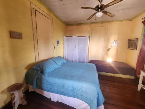 a bedroom with a bed and a ceiling fan at Hostal brons in Valparaíso