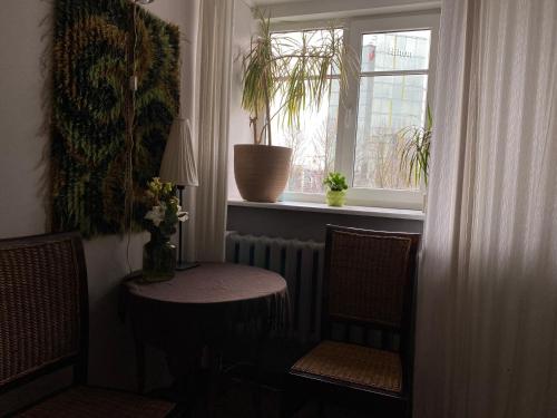 塔林的住宿－Unique studio in the Centre of Tallinn，客房设有桌子、两把椅子和窗户。
