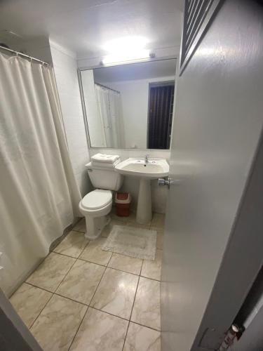 a white bathroom with a toilet and a sink at NEW HOTEL CRUZ DEL SUR in Concepción