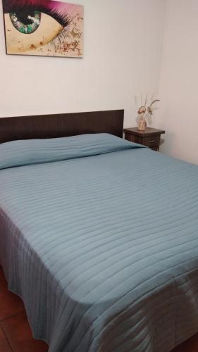 1 dormitorio con 1 cama con manta azul en Hospedaje Isabelina en Las Heras