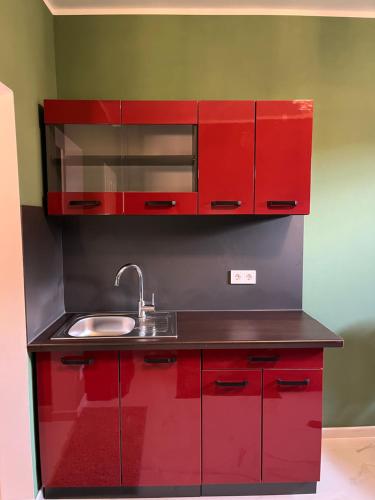 cocina roja con fregadero y armarios rojos en Guest room 1 en Quickborn