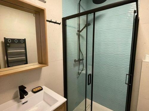 une salle de bain avec une douche en verre avec un lavabo dans l'établissement Appartement Charmant Proche Étang et Thermes avec Jardin Privatif - FR-1-503-177, à Balaruc-les-Bains