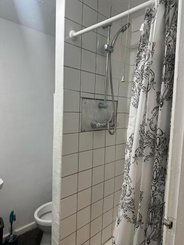 uma casa de banho com uma cortina de chuveiro e um WC em Stevenage Studios - Master Suite em Stevenage