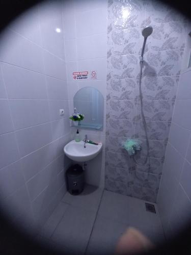 y baño pequeño con lavabo y ducha. en BELLA NINE EXCLUSIVE HOMESTAY en Sukoharjo