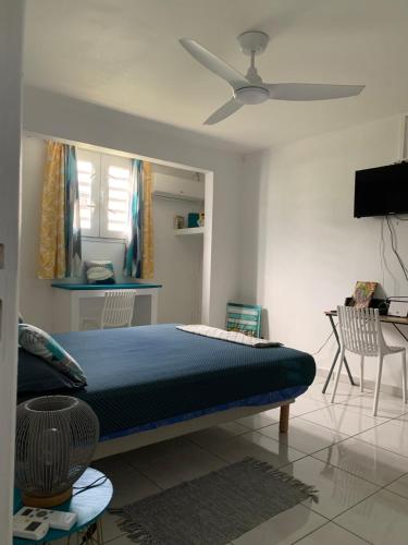 een slaapkamer met een bed en een plafondventilator bij CHEZOIM in Baillif
