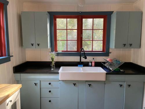 cocina con fregadero blanco y ventana en Springbrook · Cozy 2BR Mt. Hood Cabin, Fireplace & Retro Kitchen, en Mount Hood Village