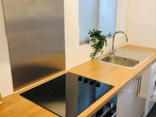 a kitchen with a sink and a counter top at One-Bedroom near Mathematical Bridge by Sojo Stay in Cambridge