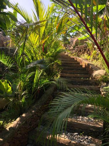 a set of stairs in a garden with palm trees at Bumi Cinta Bali in Tejakula