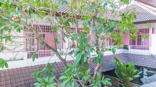 a tree in front of a pink building at BS Home in Kuta