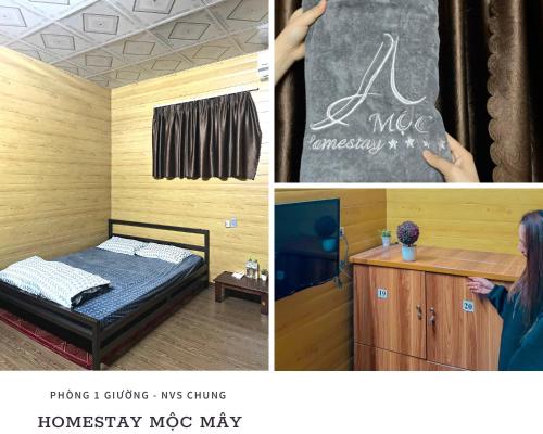 un collage de fotos de una habitación con cama y pizarra en Mộc Mây Homestay, en Ha Giang