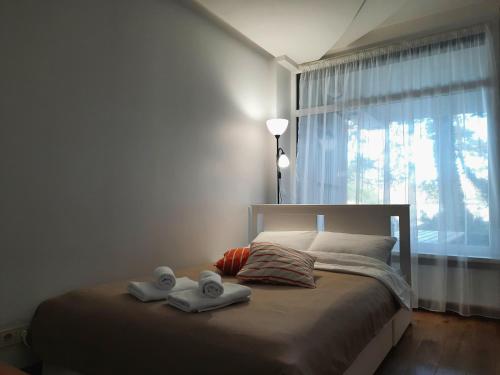 een slaapkamer met een bed met 2 handdoeken en een raam bij Apartamentai su terasa Rugelyje in Palanga