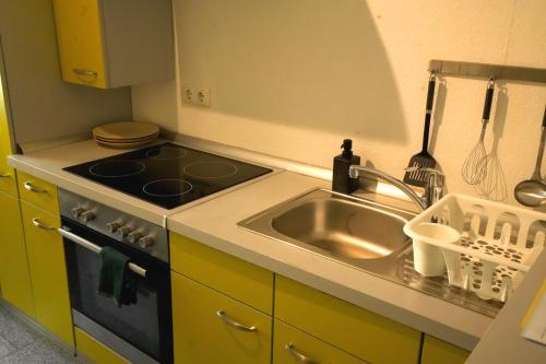 een keuken met een wastafel en een fornuis bij Apartment Kompakt Gottschalk 2.0 in Kassel