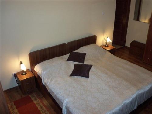 a bedroom with a bed with two pillows on it at Vila Lazar in Borsec