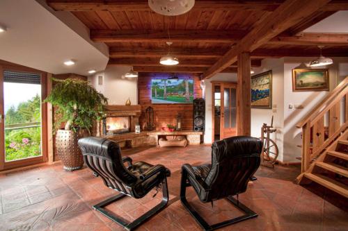 a living room with two chairs and a fireplace at Chalet Podgorje With Pool in Slovenj Gradec