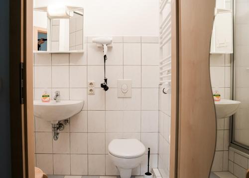 a small bathroom with a toilet and a sink at Trobischhof in Dresden