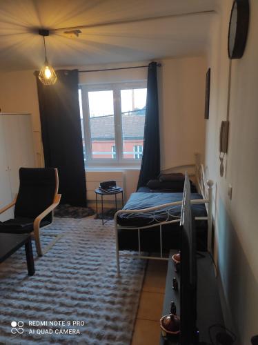 ein Schlafzimmer mit einem Bett, einem Stuhl und einem Fenster in der Unterkunft Studio Cosy tout équipé à Lille in Lille