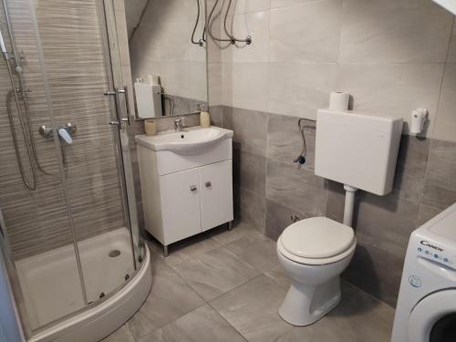 La salle de bains est pourvue de toilettes, d'une douche et d'un lavabo. dans l'établissement Ema, à Šibenik