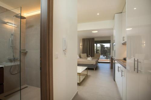 a bathroom with a walk in shower and a living room at Eden's Azalea Luxury Suite in Ixia