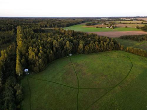 an aerial view of a green field with trees at Glamping Yurt Purvs at Kleja Quiet Camping in Eikaži