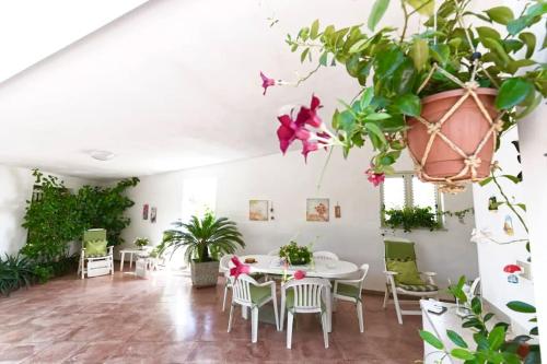 une chambre avec une table, des chaises et des plantes en pot dans l'établissement Nella spiaggia più bella, à Santa Maria Del Focallo