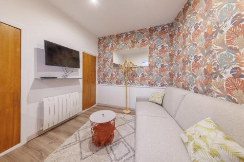 un salon avec un canapé et une télévision dans l'établissement Le Bercail - Joli studio proche commodités, à Clermont-Ferrand